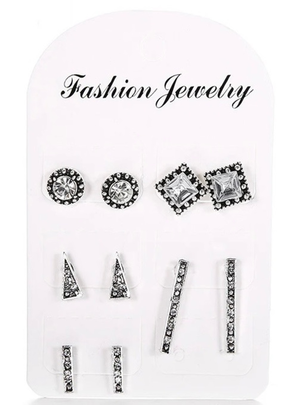 5 Pair Silver Tone Rhinestone Stud Earrings Set Geometric Minimalist Y2K